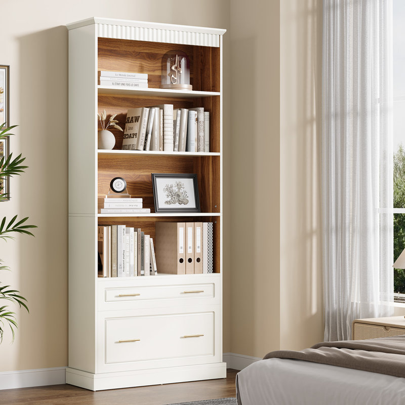 White bookshelf with drawers discount
